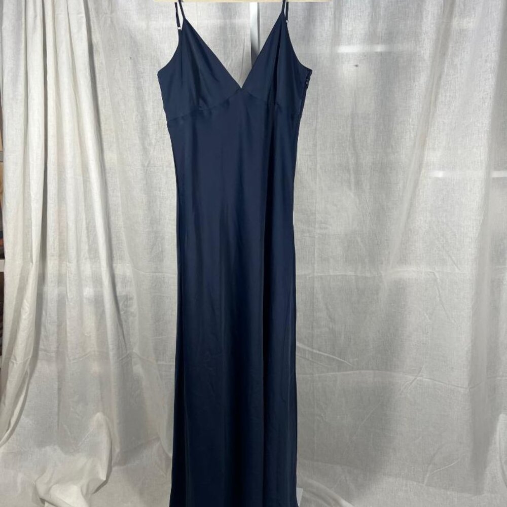 Modcloth V-Neck Satin Formal Dress with Draped Back in Navy - Size 14